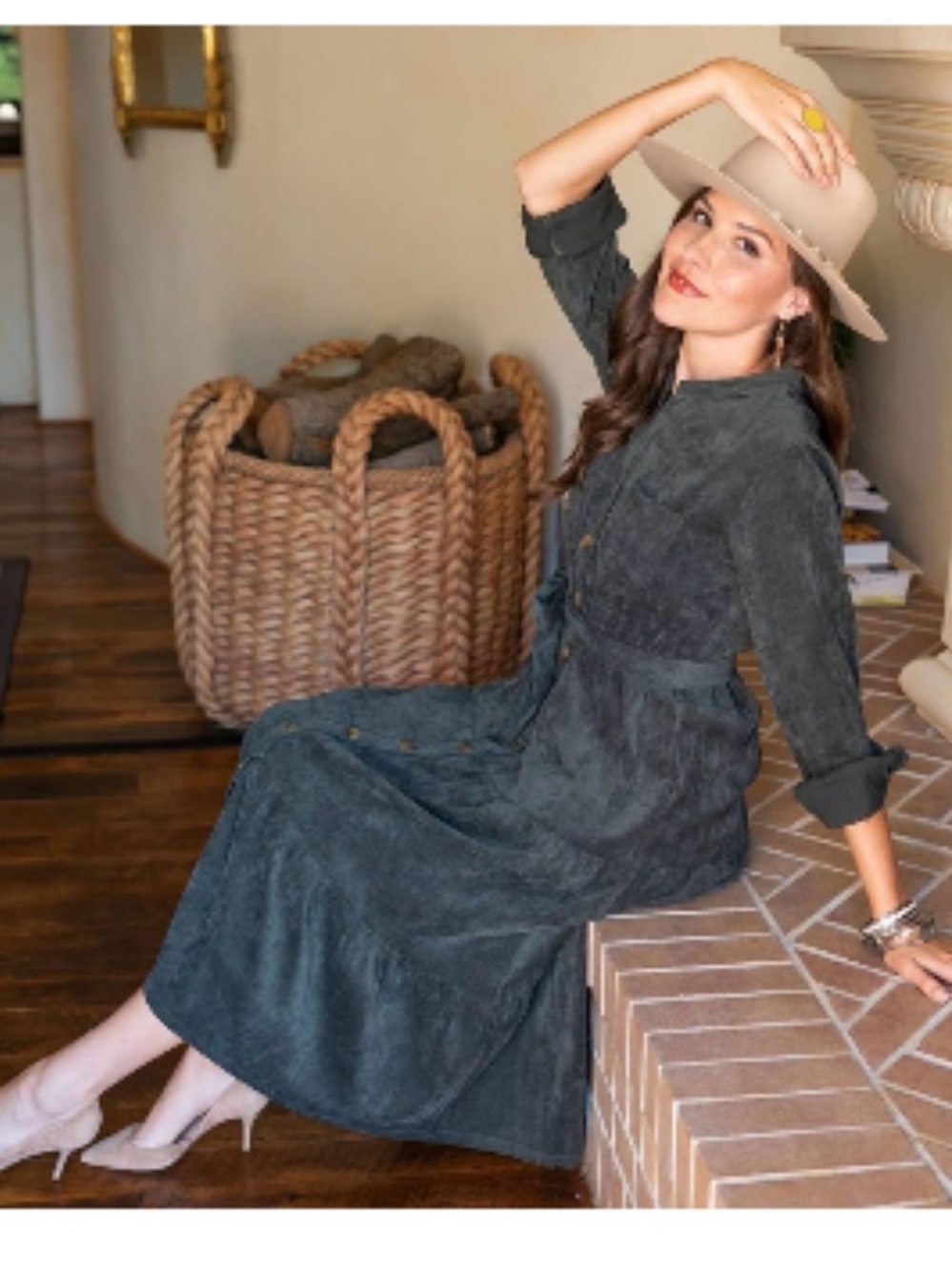 evy's tree Sage/Forrest Green Midi Corduroy Dress